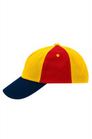 Gold-yellow/royal/red/navy (ca. Pantone 136C/287C/200C/289C)